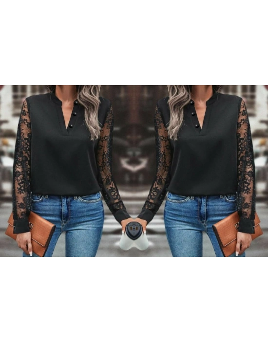 Kadın Uzun Kollu Kolları Dantelli Hakim Yaka Krep Bluz