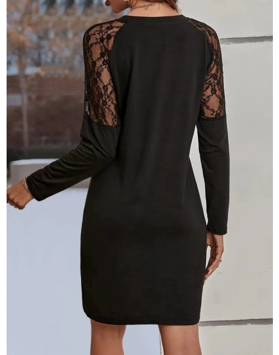 Kadın Uzun Kollu Kolları Dantelli Yuvarlak Yandan Düğme Detay Yaka Viskon Iki Iplik Elbise