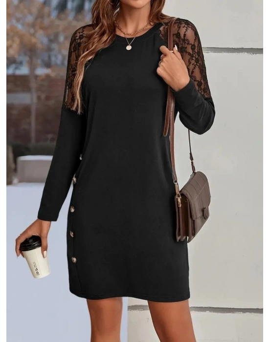 Kadın Uzun Kollu Kolları Dantelli Yuvarlak Yandan Düğme Detay Yaka Viskon Iki Iplik Elbise