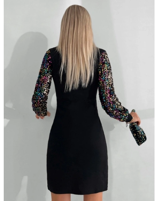 Kadın Uzun Kollu Kolları Payet Bisiklet Yaka Kısa Kaşkorse Elbise