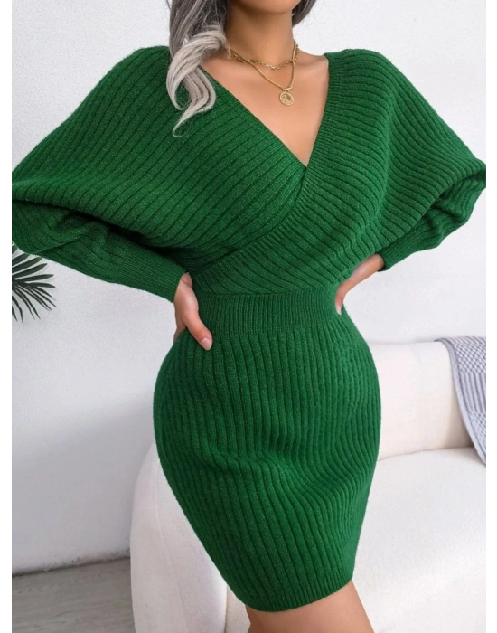 Kadın Uzun Kollu Kruvaze Geniş Yakalı Mini Triko Elbise