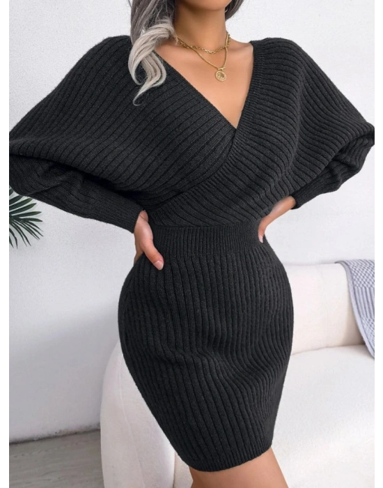 Kadın Uzun Kollu Kruvaze Geniş Yakalı Mini Triko Elbise