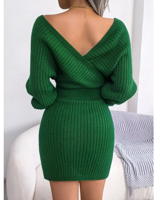 Kadın Uzun Kollu Kruvaze Geniş Yakalı Mini Triko Elbise