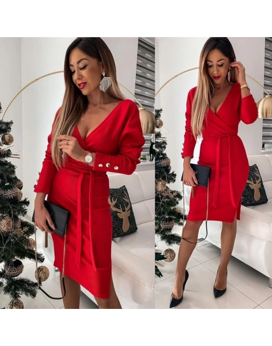 Kadın Uzun Kollu Kruvaze Yaka Bağcık Detay Akrilik Mini Boy Elbise