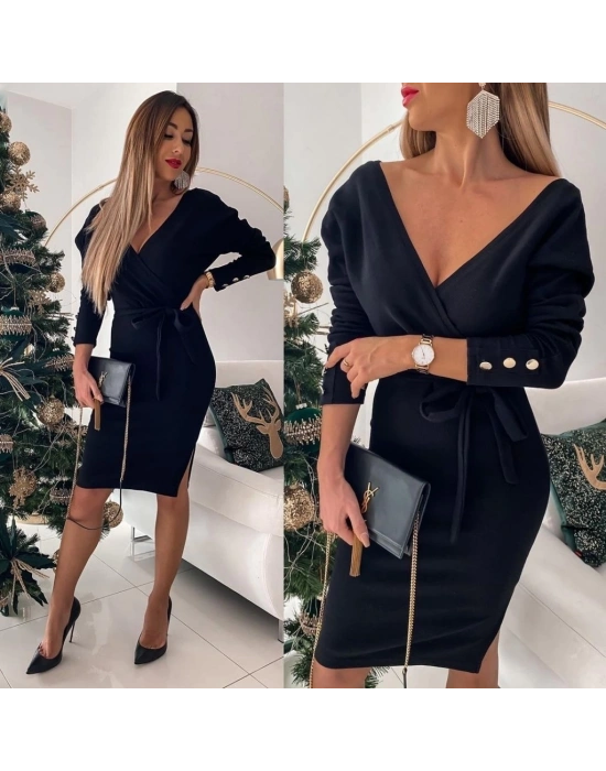 Kadın Uzun Kollu Kruvaze Yaka Bağcık Detay Akrilik Mini Boy Elbise