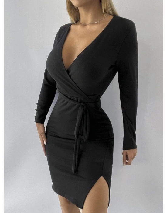 Kadın Uzun Kollu Kruvaze Yaka Bağcık Detay Akrilik Mini Boy Elbise