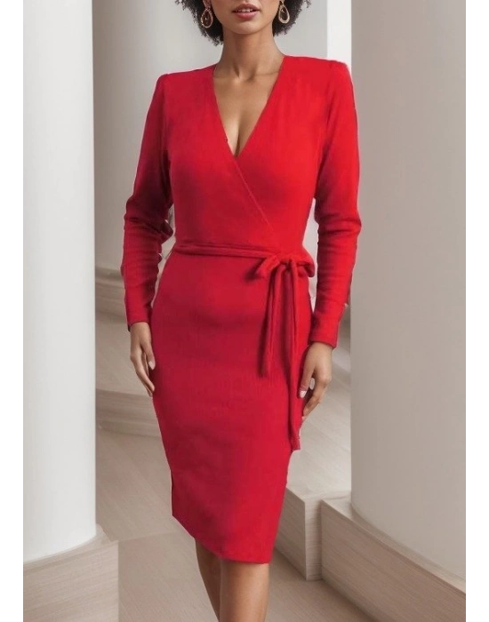 Kadın Uzun Kollu Kruvaze Yaka Bağcık Detay Akrilik Mini Boy Elbise