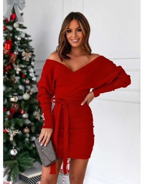 Kadın Uzun Kollu Kruvaze Yaka Bağcık Detay Akrilik Mini Boy Elbise