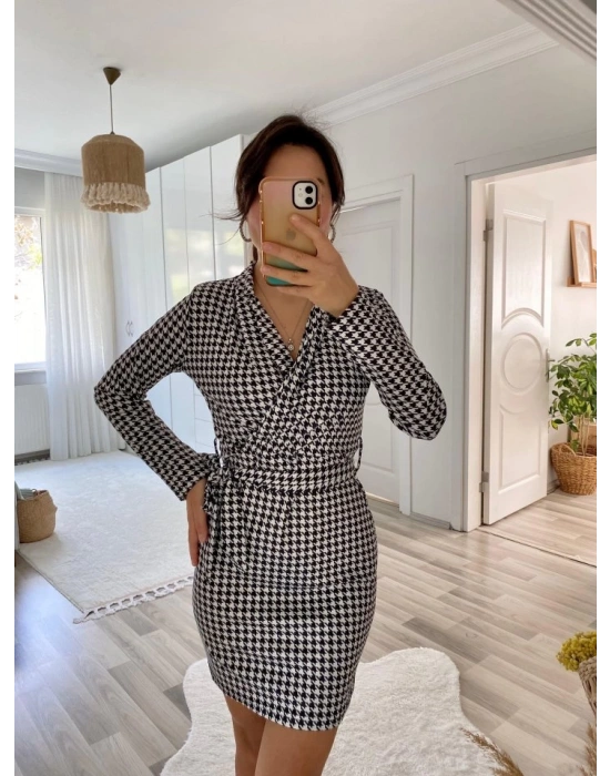 Kadın Uzun Kollu Kruvaze Yaka Bağlamalı Kemer Dalgıç Mini Boy Elbise