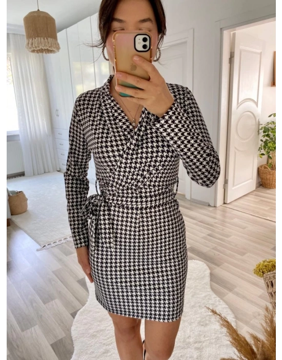 Kadın Uzun Kollu Kruvaze Yaka Bağlamalı Kemer Dalgıç Mini Boy Elbise