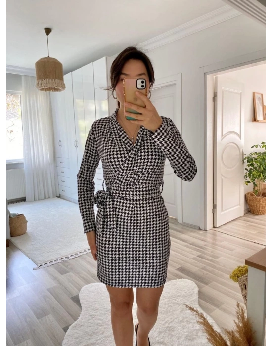 Kadın Uzun Kollu Kruvaze Yaka Bağlamalı Kemer Dalgıç Mini Boy Elbise