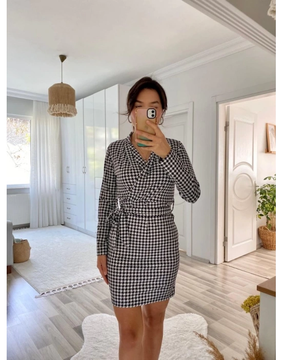 Kadın Uzun Kollu Kruvaze Yaka Bağlamalı Kemer Dalgıç Mini Boy Elbise