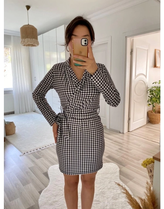 Kadın Uzun Kollu Kruvaze Yaka Bağlamalı Kemer Dalgıç Mini Boy Elbise