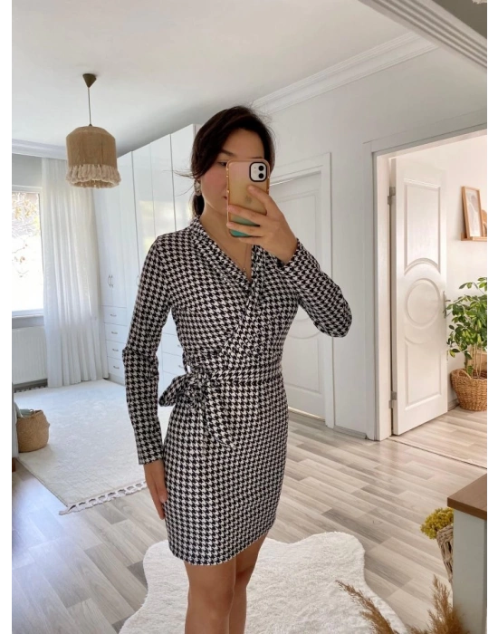 Kadın Uzun Kollu Kruvaze Yaka Bağlamalı Kemer Dalgıç Mini Boy Elbise