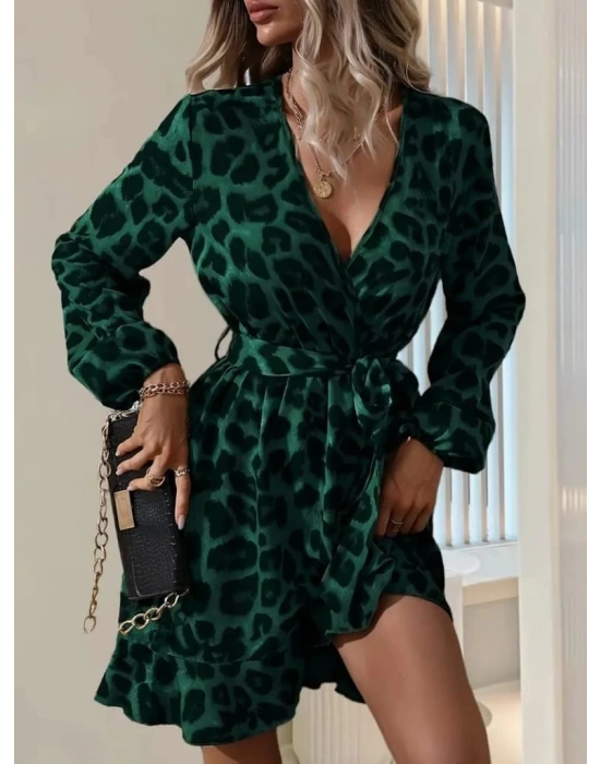 Kadın Uzun Kollu Kruvaze Yaka Beden Kuşaklı çapraz Kesim Detaylı Leopar Modal Mini Elbise