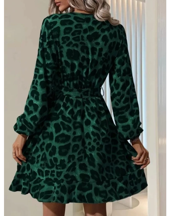 Kadın Uzun Kollu Kruvaze Yaka Beden Kuşaklı çapraz Kesim Detaylı Leopar Modal Mini Elbise