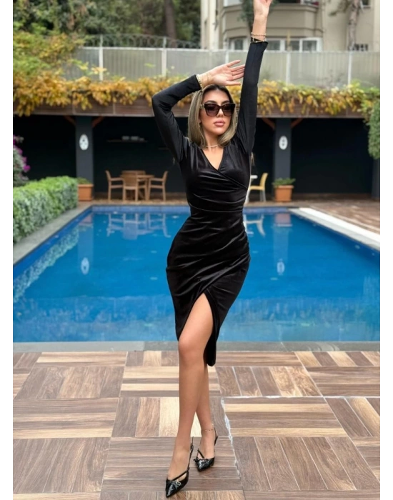 Kadın Uzun Kollu Kruvaze Yaka Belden Büzgü Detay Midi Kadife Elbise