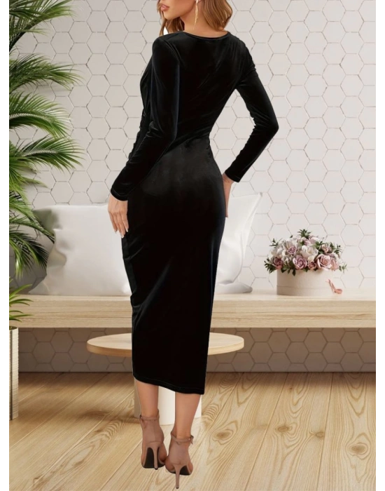 Kadın Uzun Kollu Kruvaze Yaka Belden Büzgü Detay Midi Kadife Elbise