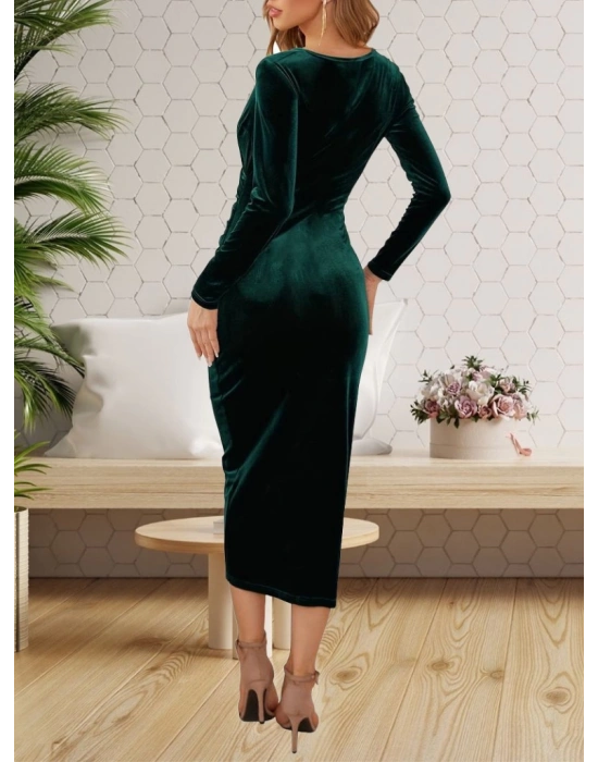 Kadın Uzun Kollu Kruvaze Yaka Belden Büzgü Detay Midi Kadife Elbise