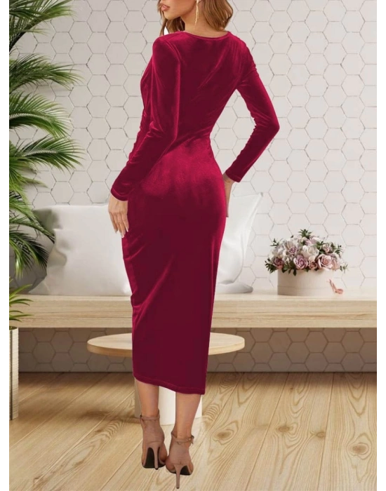 Kadın Uzun Kollu Kruvaze Yaka Belden Büzgü Detay Midi Kadife Elbise