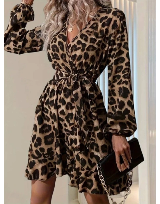 Kadın Uzun Kollu Kruvaze Yaka Belden Kuşaklı çapraz Kesim Detaylı Leopar Modal Mini Elbise