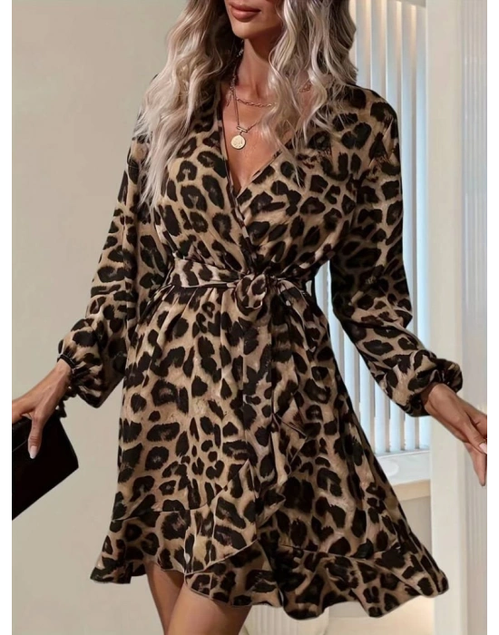 Kadın Uzun Kollu Kruvaze Yaka Belden Kuşaklı çapraz Kesim Detaylı Leopar Modal Mini Elbise
