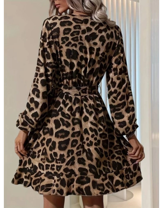 Kadın Uzun Kollu Kruvaze Yaka Belden Kuşaklı çapraz Kesim Detaylı Leopar Modal Mini Elbise