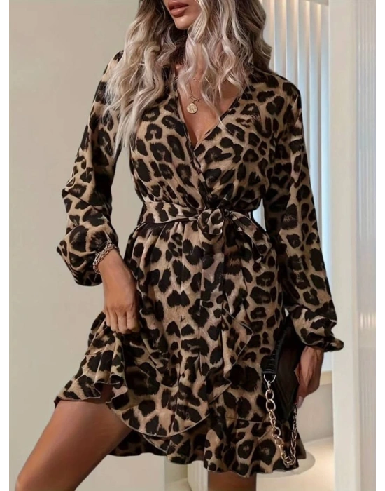 Kadın Uzun Kollu Kruvaze Yaka Belden Kuşaklı çapraz Kesim Detaylı Leopar Modal Mini Elbise