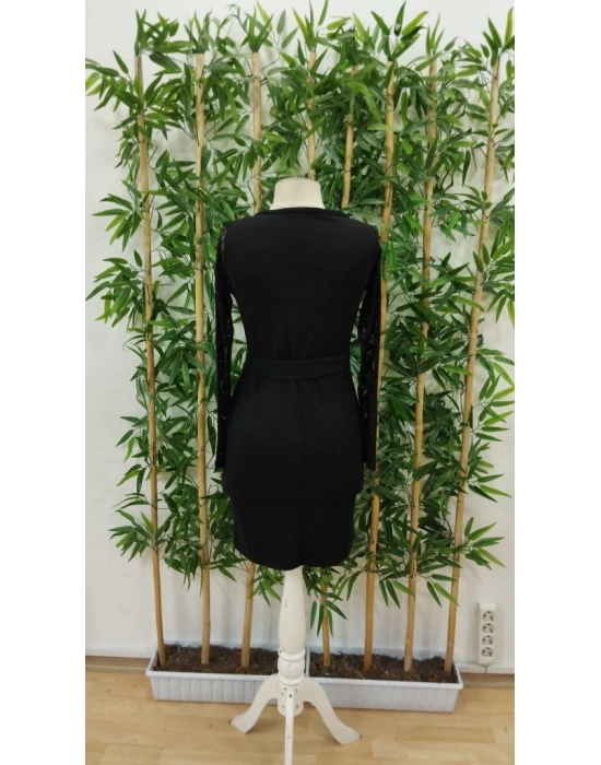 Kadın Uzun Kollu Kruvaze Yaka Belden Kuşaklı Dantel Detaylı Kısa Ithal Krep Elbise