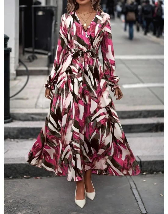 Kadın Uzun Kollu Kruvaze Yaka Belden Kuşaklı Desenli Süprem Elbise