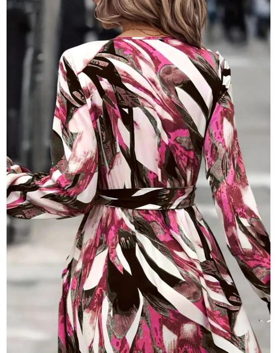 Kadın Uzun Kollu Kruvaze Yaka Belden Kuşaklı Desenli Süprem Elbise