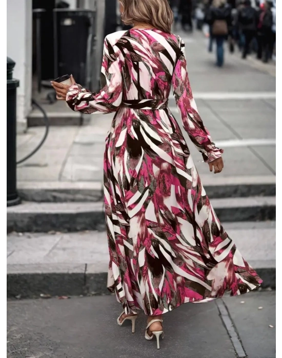 Kadın Uzun Kollu Kruvaze Yaka Belden Kuşaklı Desenli Süprem Elbise