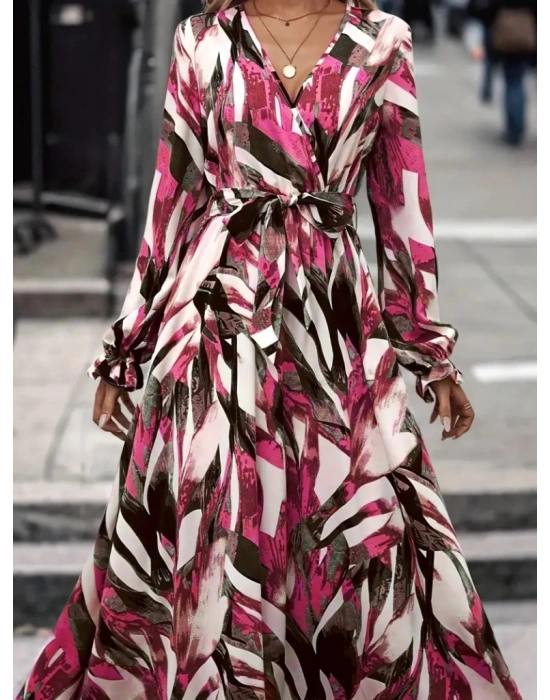 Kadın Uzun Kollu Kruvaze Yaka Belden Kuşaklı Desenli Süprem Elbise