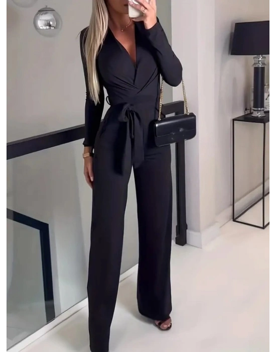 Kadın Uzun Kollu Kruvaze Yaka Belden Kuşaklı Ithal Krep Tulum