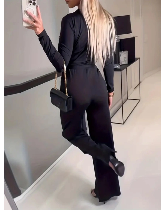 Kadın Uzun Kollu Kruvaze Yaka Belden Kuşaklı Ithal Krep Tulum