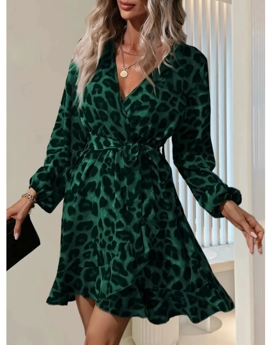 Kadın Uzun Kollu Kruvaze Yaka Belden Kuşaklı Leopar Desenli Dalgıç Elbise