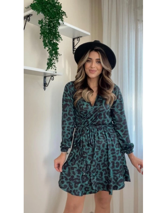 Kadın Uzun Kollu Kruvaze Yaka Belden Kuşaklı Leopar Desenli Dalgıç Elbise