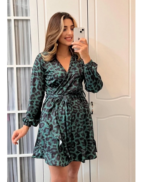 Kadın Uzun Kollu Kruvaze Yaka Belden Kuşaklı Leopar Desenli Dalgıç Elbise