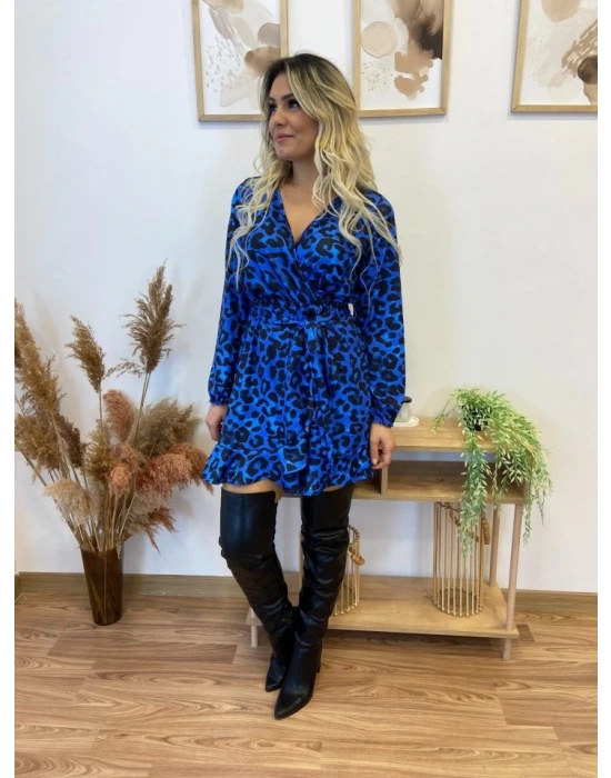 Kadın Uzun Kollu Kruvaze Yaka Belden Kuşaklı Leopar Desenli Dalgıç Elbise