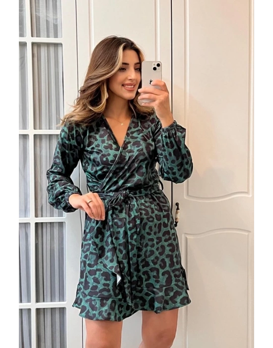 Kadın Uzun Kollu Kruvaze Yaka Belden Kuşaklı Leopar Desenli Dalgıç Elbise