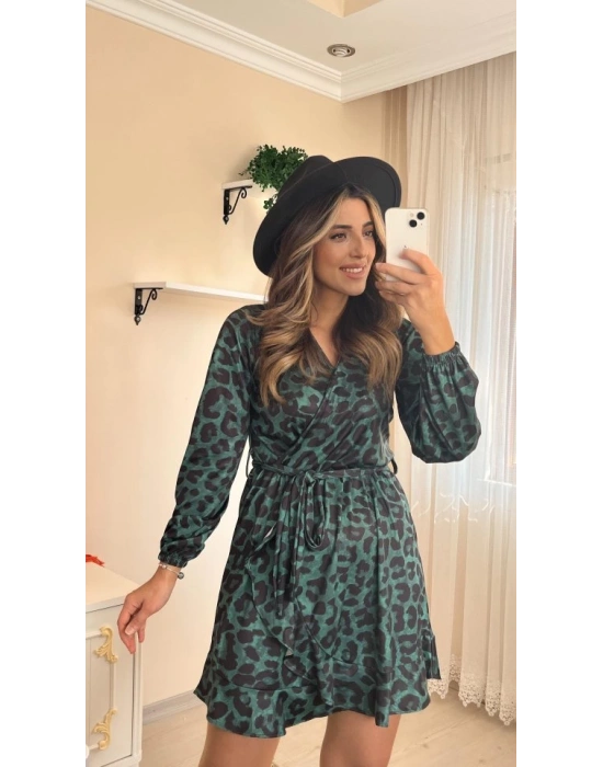 Kadın Uzun Kollu Kruvaze Yaka Belden Kuşaklı Leopar Desenli Dalgıç Elbise