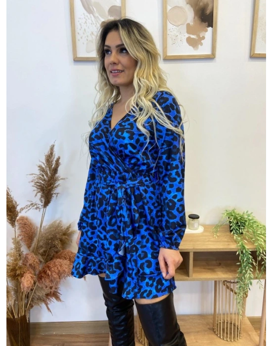 Kadın Uzun Kollu Kruvaze Yaka Belden Kuşaklı Leopar Desenli Dalgıç Elbise