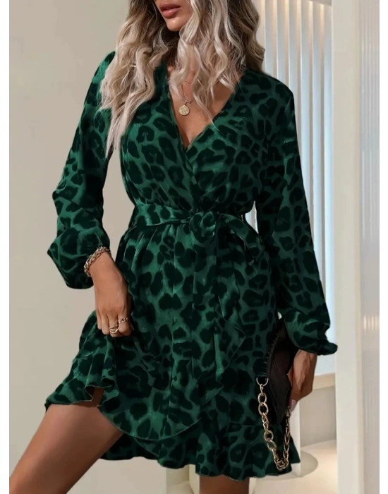 Kadın Uzun Kollu Kruvaze Yaka Belden Kuşaklı Leopar Desenli Dalgıç Elbise