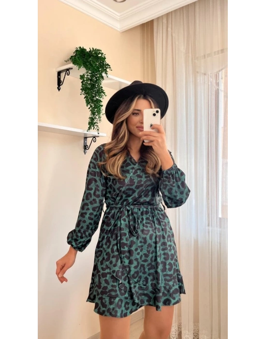 Kadın Uzun Kollu Kruvaze Yaka Belden Kuşaklı Leopar Desenli Dalgıç Elbise