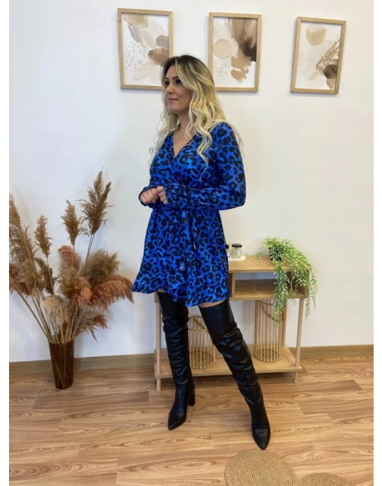 Kadın Uzun Kollu Kruvaze Yaka Belden Kuşaklı Leopar Desenli Dalgıç Elbise