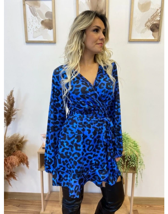 Kadın Uzun Kollu Kruvaze Yaka Belden Kuşaklı Leopar Desenli Dalgıç Elbise