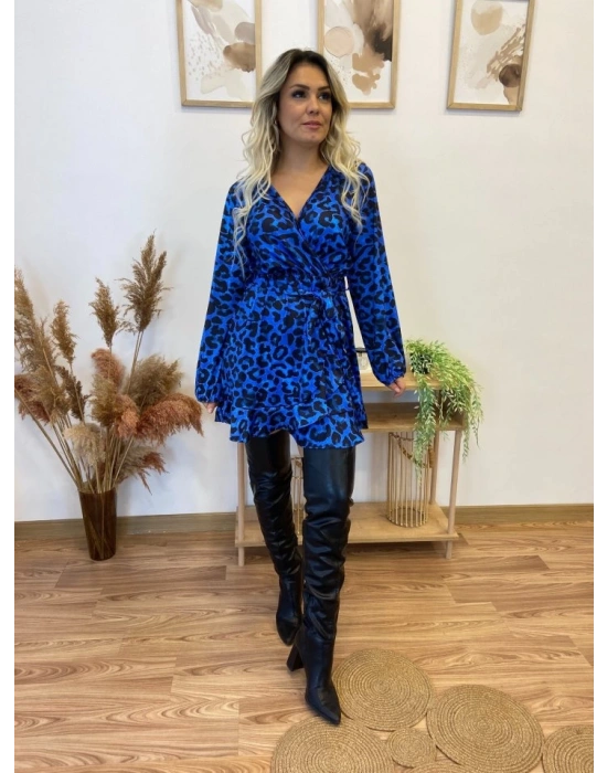 Kadın Uzun Kollu Kruvaze Yaka Belden Kuşaklı Leopar Desenli Dalgıç Elbise