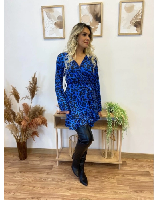 Kadın Uzun Kollu Kruvaze Yaka Belden Kuşaklı Leopar Desenli Dalgıç Elbise