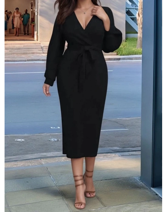 Kadın Uzun Kollu Kruvaze Yaka Belden Kuşaklı Midi Ithal Krep Elbise