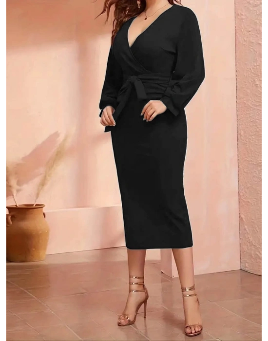 Kadın Uzun Kollu Kruvaze Yaka Belden Kuşaklı Midi Ithal Krep Elbise